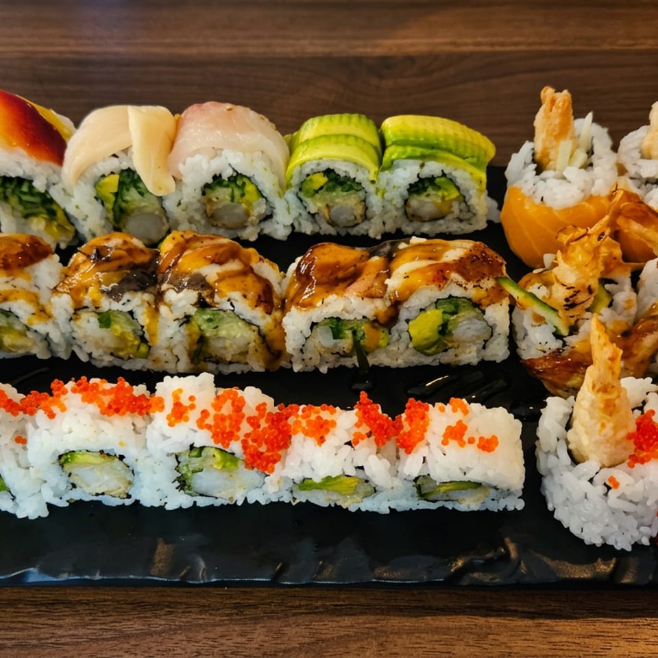 Assorted sushi rolls with avocado, shrimp tempura, salmon, eel sauce, and orange roe arranged on a black platter.