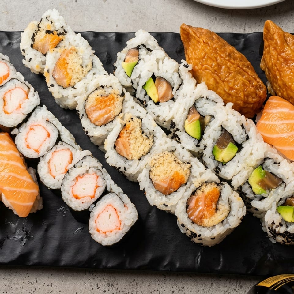 Assorted sushi platter with salmon nigiri, crab rolls, salmon-avocado rolls, and two golden inari sushi pockets on a black plate.